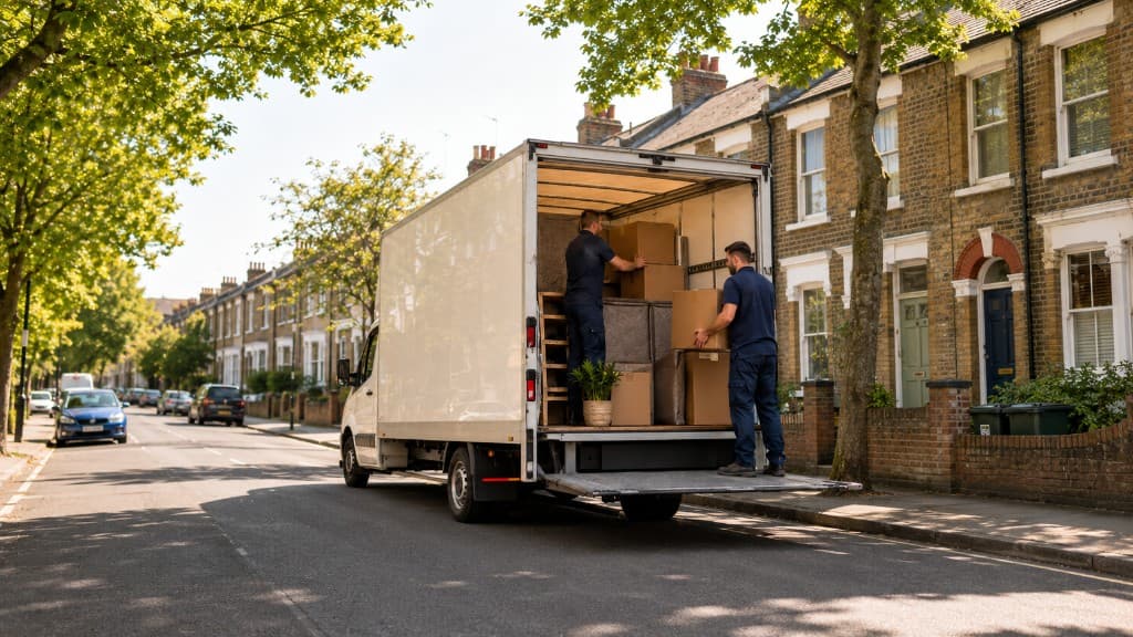 Two removal crew members loading boxes into a van on a residential street